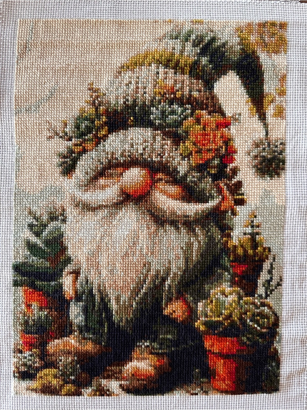 Cross-stitched Garden Gnome Tapestry